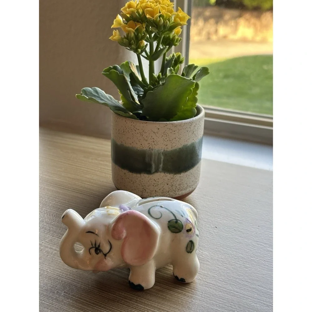 Vintage Whimsical Mini Elephant Nursery Piggy Bank Kitschy Ceramic Hand Painted